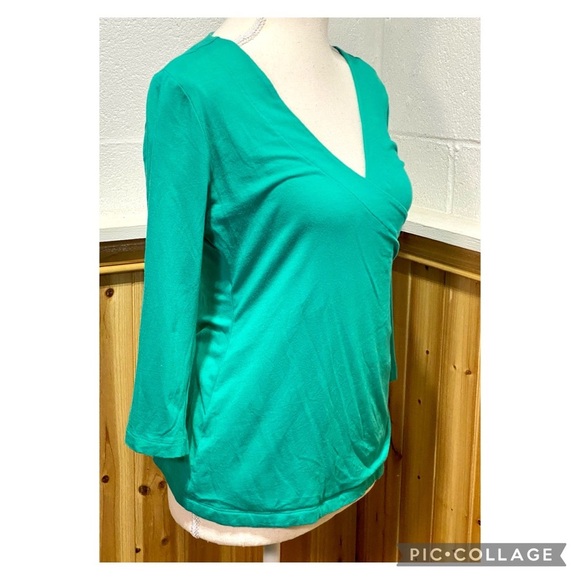 Soft Surroundings Women's Green Ruched Faux Wrap Shirt Size Petite Small - Picture 2 of 5
